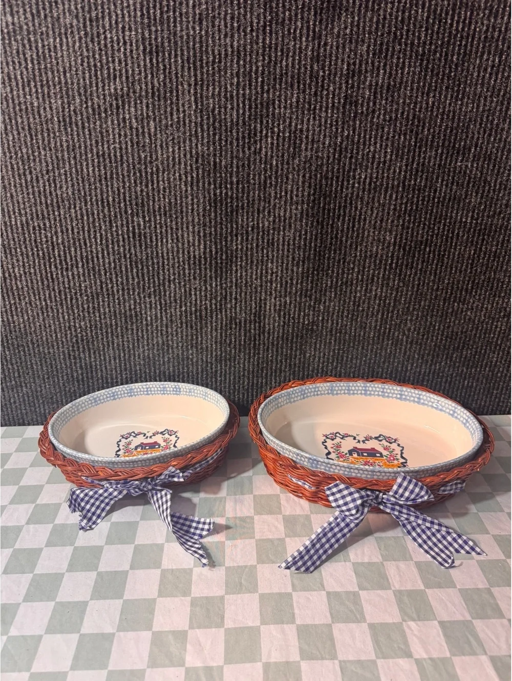 Teamson 1995 Oval Serving Bowls with Wicker Holders and Blue Gingham